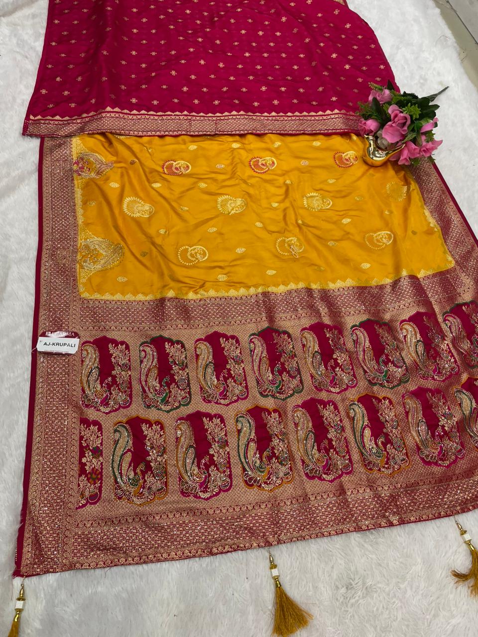 AJ-KRUPALI NYLON SATIN SILK SAREE WITH CHAAP DYING WITH MEENAKARI WORK AND HEAVY DIAMOND WORK VIRAL DESIGN WITH LOVELY CONTRAST BORDER AND BEAUTIFUL BLOUSE