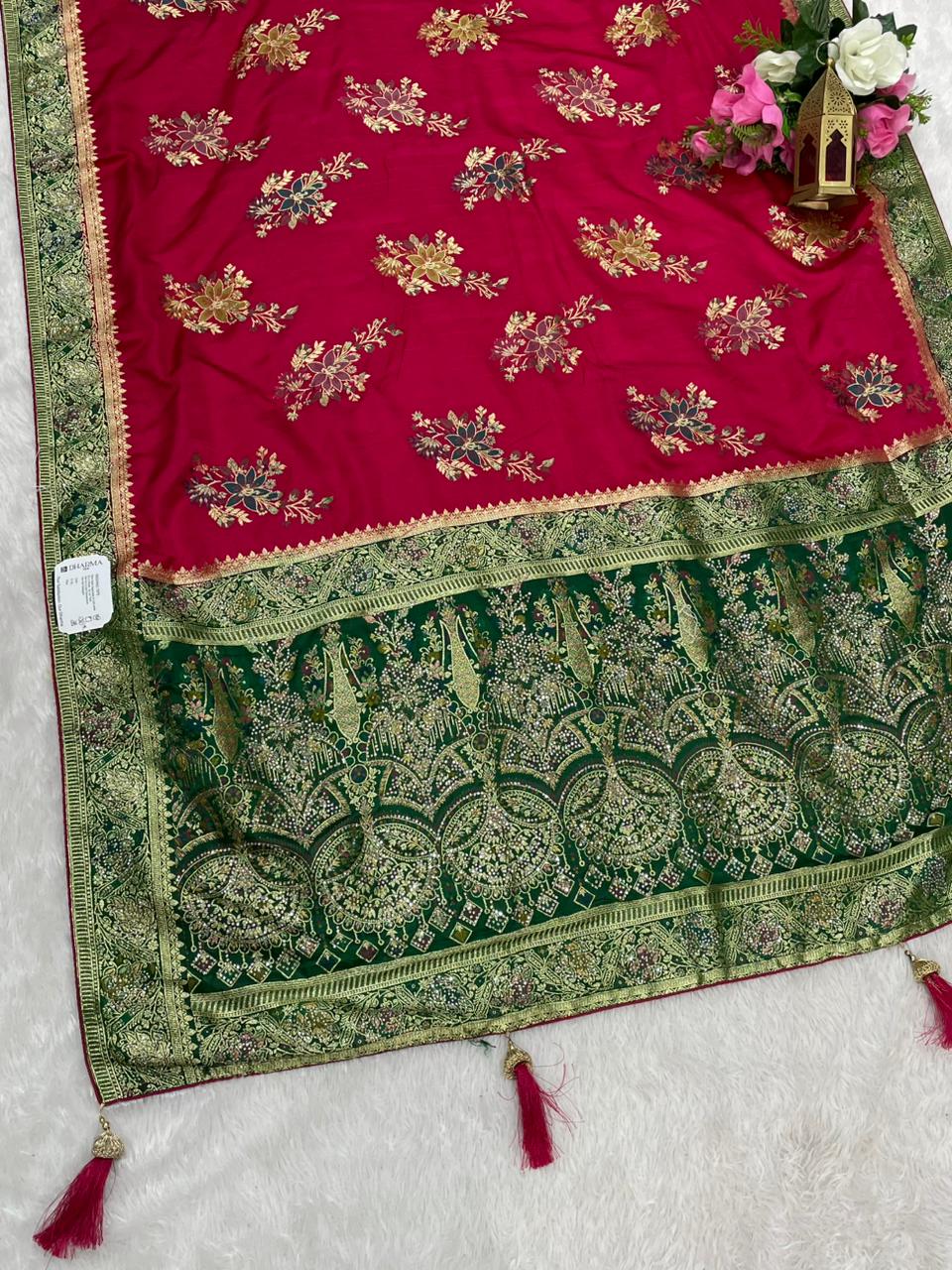AJ-MANALI SATIN SILK WITH BEAUTFUL PALLU WITH HEAVY DESIGN WITH HEAVY JARKAN WORK WITH MEENAKARI WORK AND LUXURIOUS TASSELS WITH CONTRAST BUTTI BLOUSE