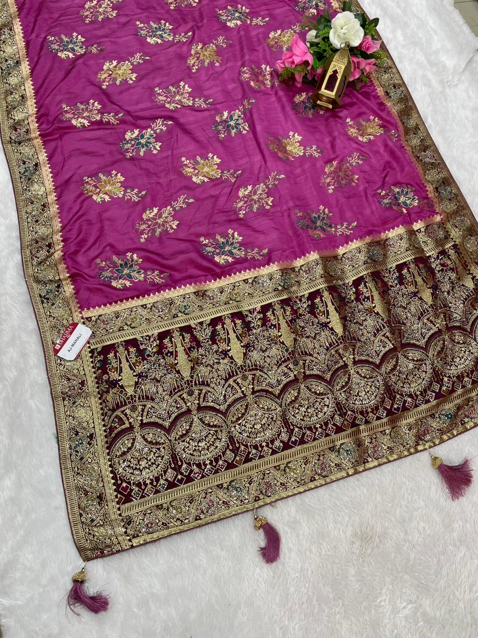 AJ-MANALI SATIN SILK WITH BEAUTFUL PALLU WITH HEAVY DESIGN WITH HEAVY JARKAN WORK WITH MEENAKARI WORK AND LUXURIOUS TASSELS WITH CONTRAST BUTTI BLOUSE