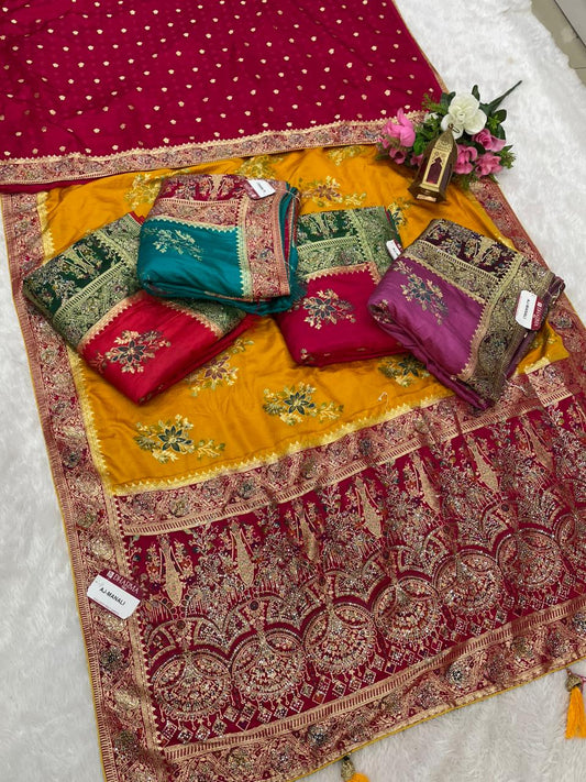 AJ-MANALI SATIN SILK WITH BEAUTFUL PALLU WITH HEAVY DESIGN WITH HEAVY JARKAN WORK WITH MEENAKARI WORK AND LUXURIOUS TASSELS WITH CONTRAST BUTTI BLOUSE