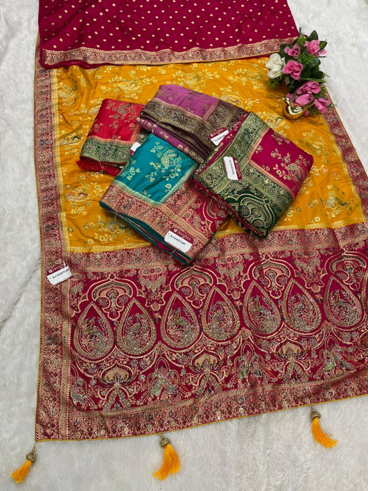 AJ-KASTURI  SATIN SILK WITH BEAUTFUL PALLU WITH HEAVY DESIGN WITH JARKAN WORK WITH MEENAKARI WORK AND LUXURIOUS TASSELS WITH CONTRAST BUTTI BLOUSE