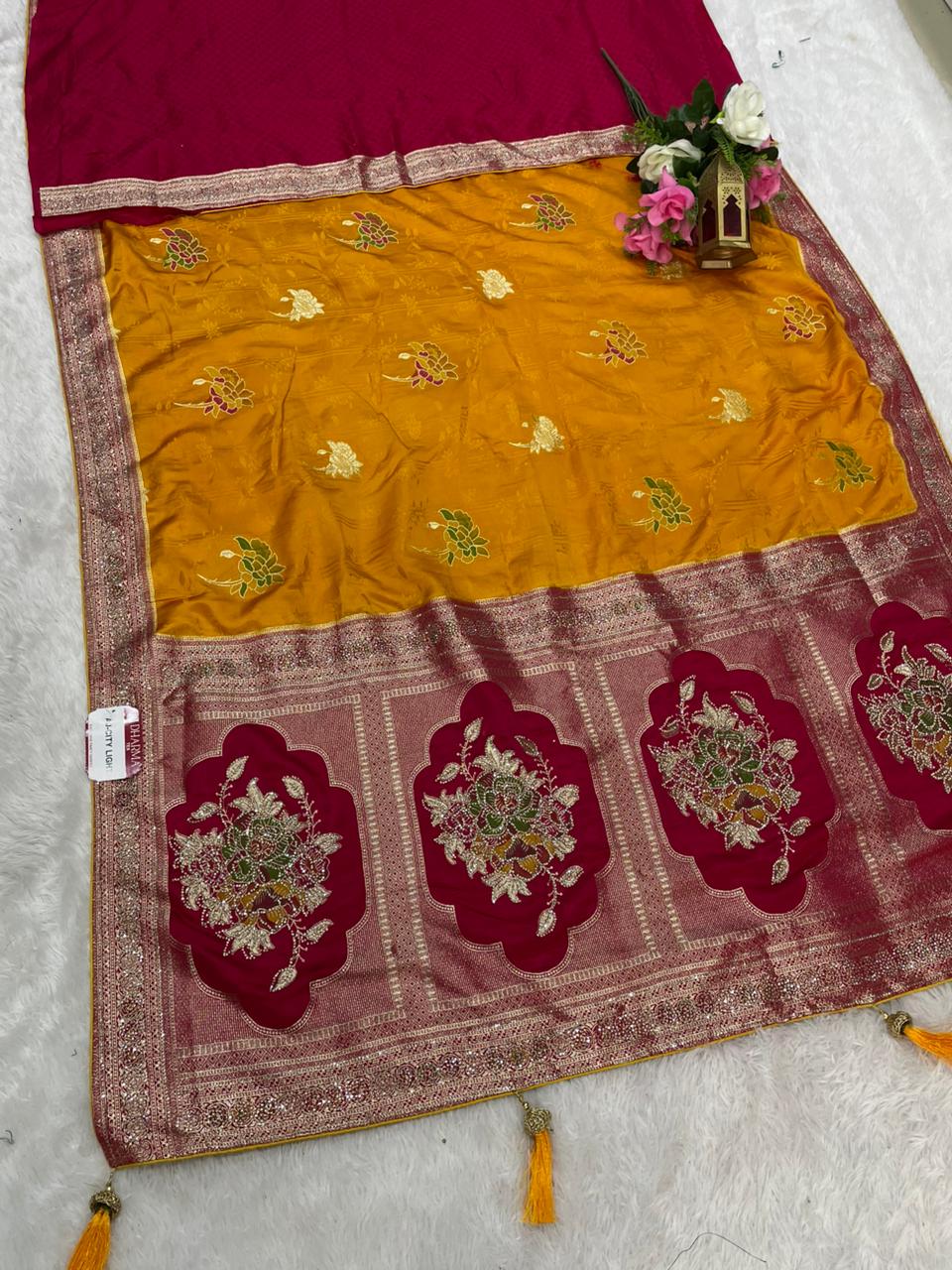 AJ-CITY LIGHT SATIN SILK WITH BEAUTFUL PALLU WITH JARKAN WORK WITH MEENAKARI WORK AND LUXURIOUS TASSELS WITH CONTRAST BLOUSE