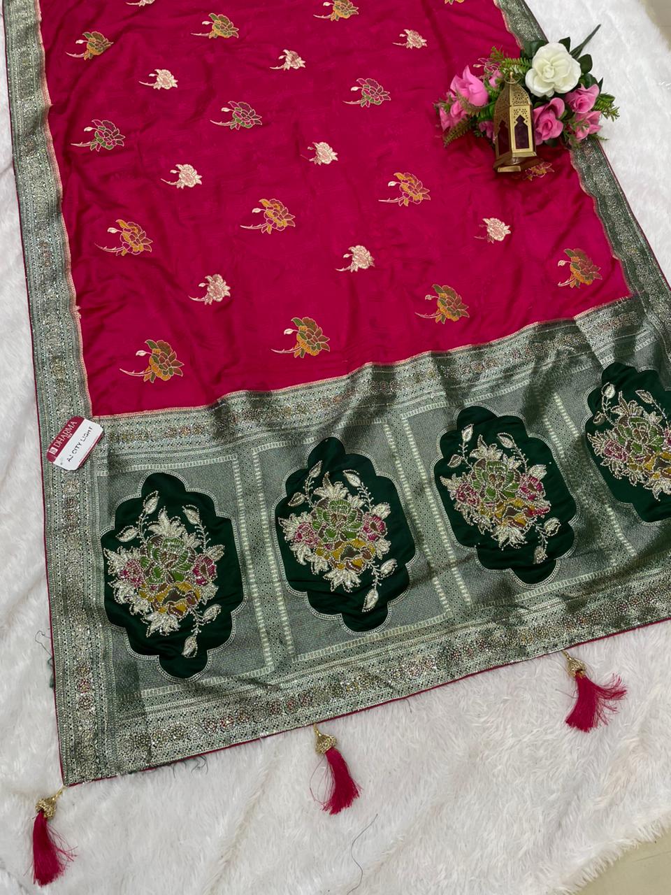 AJ-CITY LIGHT SATIN SILK WITH BEAUTFUL PALLU WITH JARKAN WORK WITH MEENAKARI WORK AND LUXURIOUS TASSELS WITH CONTRAST BLOUSE