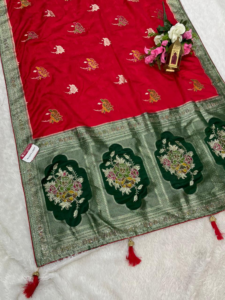 AJ-CITY LIGHT SATIN SILK WITH BEAUTFUL PALLU WITH JARKAN WORK WITH MEENAKARI WORK AND LUXURIOUS TASSELS WITH CONTRAST BLOUSE