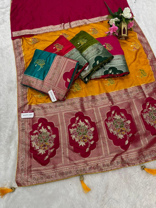 AJ-CITY LIGHT SATIN SILK WITH BEAUTFUL PALLU WITH JARKAN WORK WITH MEENAKARI WORK AND LUXURIOUS TASSELS WITH CONTRAST BLOUSE