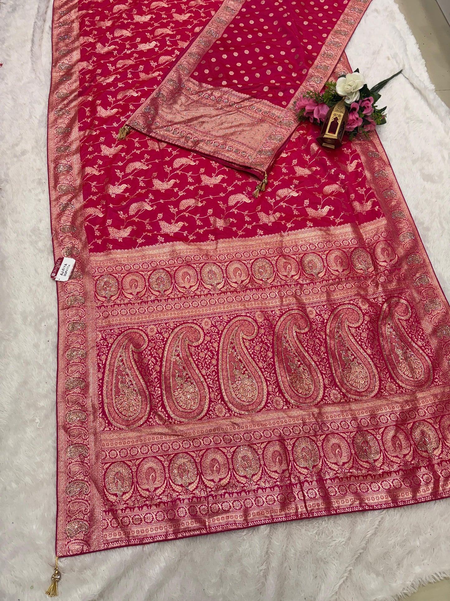AJ-RIYA DUPATTA SATIN SILK SAREE WITH BEAUTIFUL DESIGN WITH HEAVY JARKAN WORK WITH HEAVY PEACOCK JHAL DESIGN ON BODY AND HEAVY JARKAN WORK DUPTTA WITH HEAVY LUXUIROUS TASSELS