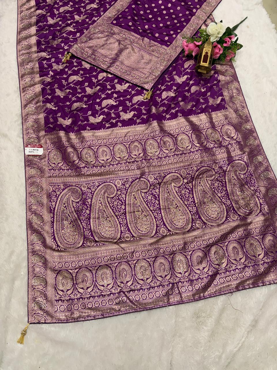 AJ-RIYA DUPATTA SATIN SILK SAREE WITH BEAUTIFUL DESIGN WITH HEAVY JARKAN WORK WITH HEAVY PEACOCK JHAL DESIGN ON BODY AND HEAVY JARKAN WORK DUPTTA WITH HEAVY LUXUIROUS TASSELS