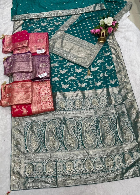 AJ-RIYA DUPATTA SATIN SILK SAREE WITH BEAUTIFUL DESIGN WITH HEAVY JARKAN WORK WITH HEAVY PEACOCK JHAL DESIGN ON BODY AND HEAVY JARKAN WORK DUPTTA WITH HEAVY LUXUIROUS TASSELS