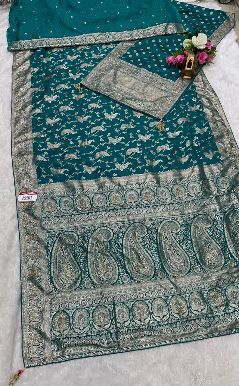 AJ-RIYA DUPATTA SATIN SILK SAREE WITH BEAUTIFUL DESIGN WITH HEAVY JARKAN WORK WITH HEAVY PEACOCK JHAL DESIGN ON BODY AND HEAVY JARKAN WORK DUPTTA WITH HEAVY LUXUIROUS TASSELS
