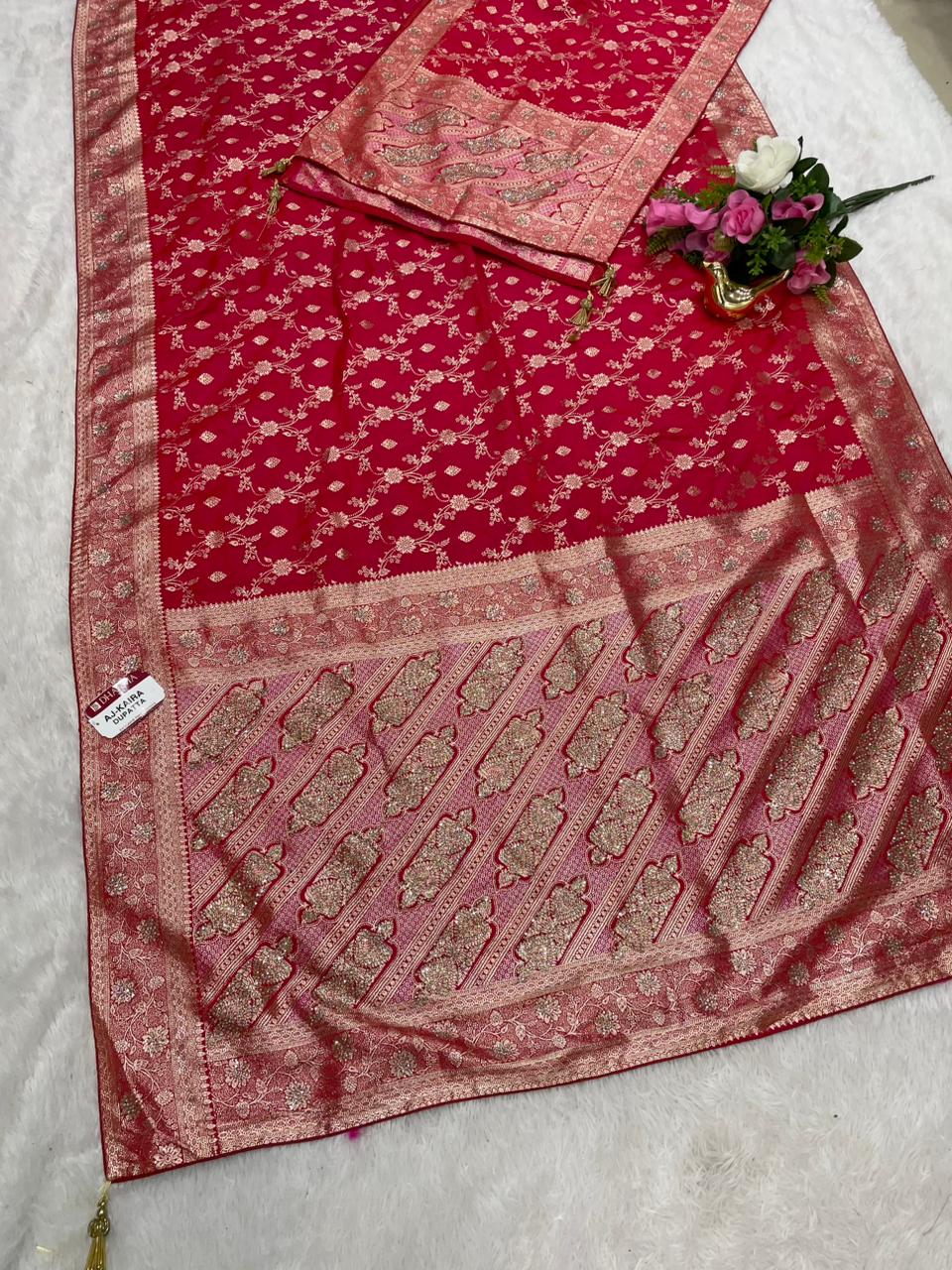 AJ-KAIRA DUPATAA SATIN SILK SAREE WITH BEAUTIFUL DESIGN WITH HEAVY JARKAN WORK WITH HEAVY JHAL DESIGN ON BODY AND HEAVY JARKAN WORK DUPTTA WITH HEAVY LUXUIROUS TASSELS