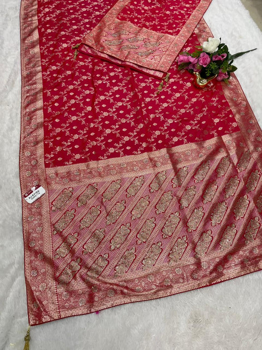 AJ-KAIRA DUPATAA SATIN SILK SAREE WITH BEAUTIFUL DESIGN WITH HEAVY JARKAN WORK WITH HEAVY JHAL DESIGN ON BODY AND HEAVY JARKAN WORK DUPTTA WITH HEAVY LUXUIROUS TASSELS
