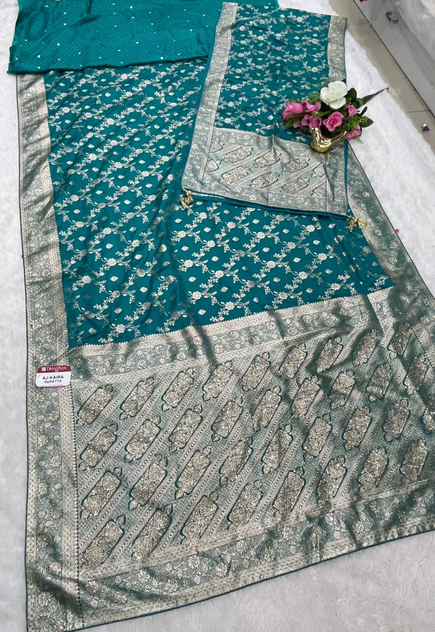 AJ-KAIRA DUPATAA SATIN SILK SAREE WITH BEAUTIFUL DESIGN WITH HEAVY JARKAN WORK WITH HEAVY JHAL DESIGN ON BODY AND HEAVY JARKAN WORK DUPTTA WITH HEAVY LUXUIROUS TASSELS
