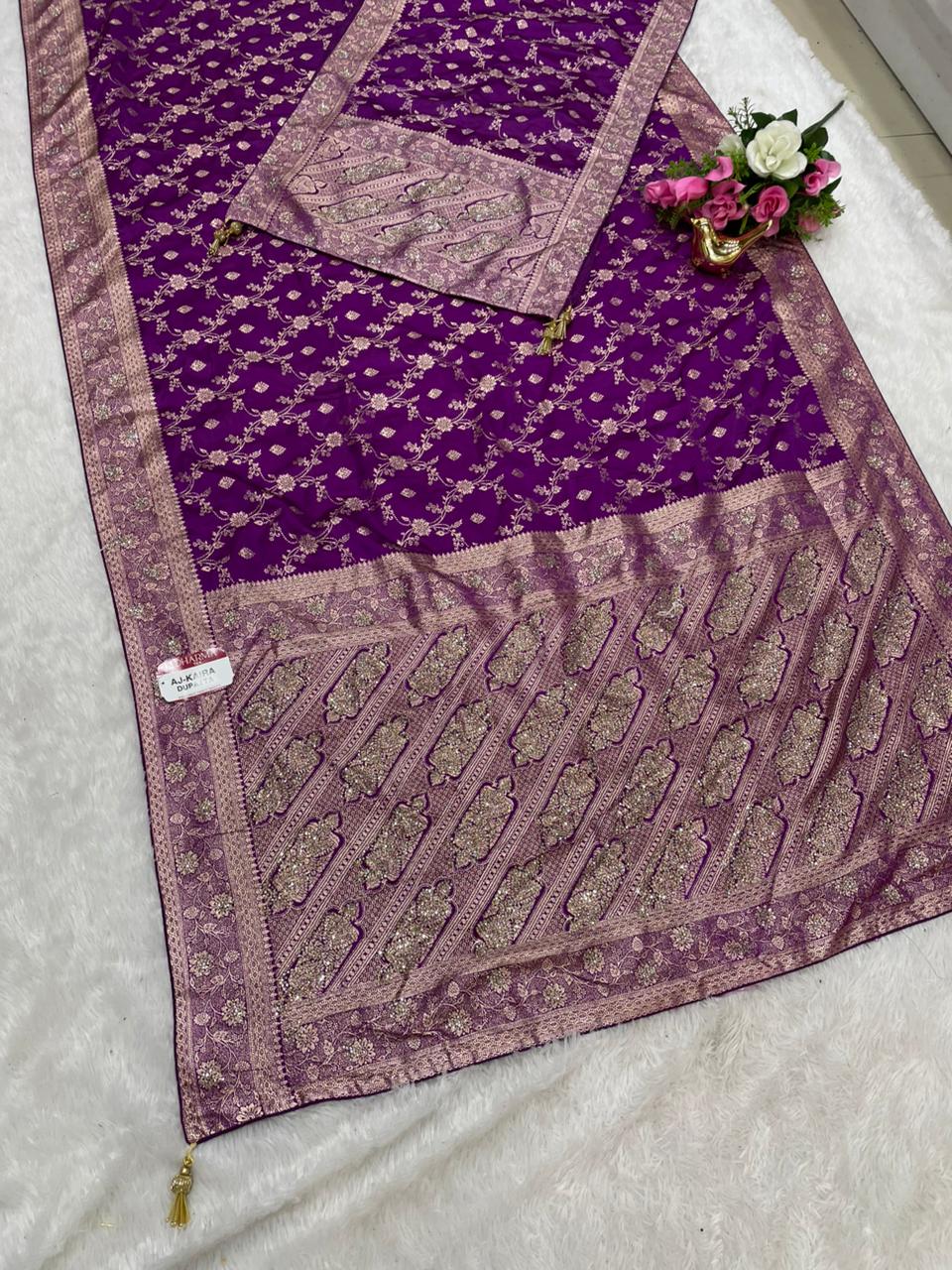 AJ-KAIRA DUPATAA SATIN SILK SAREE WITH BEAUTIFUL DESIGN WITH HEAVY JARKAN WORK WITH HEAVY JHAL DESIGN ON BODY AND HEAVY JARKAN WORK DUPTTA WITH HEAVY LUXUIROUS TASSELS