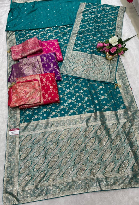 AJ-KAIRA DUPATAA SATIN SILK SAREE WITH BEAUTIFUL DESIGN WITH HEAVY JARKAN WORK WITH HEAVY JHAL DESIGN ON BODY AND HEAVY JARKAN WORK DUPTTA WITH HEAVY LUXUIROUS TASSELS