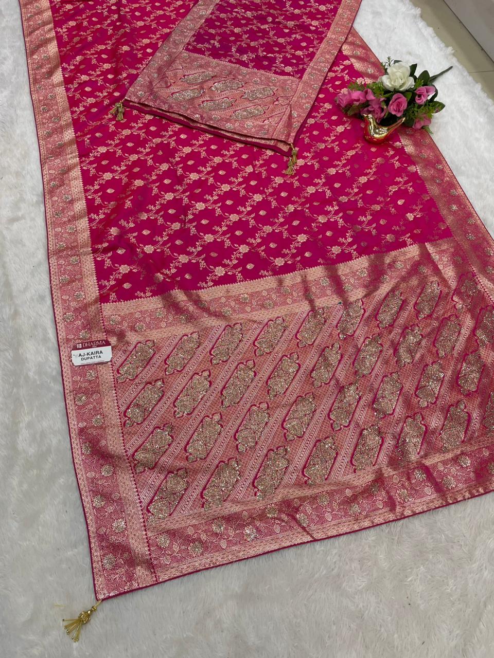 AJ-KAIRA DUPATAA SATIN SILK SAREE WITH BEAUTIFUL DESIGN WITH HEAVY JARKAN WORK WITH HEAVY JHAL DESIGN ON BODY AND HEAVY JARKAN WORK DUPTTA WITH HEAVY LUXUIROUS TASSELS