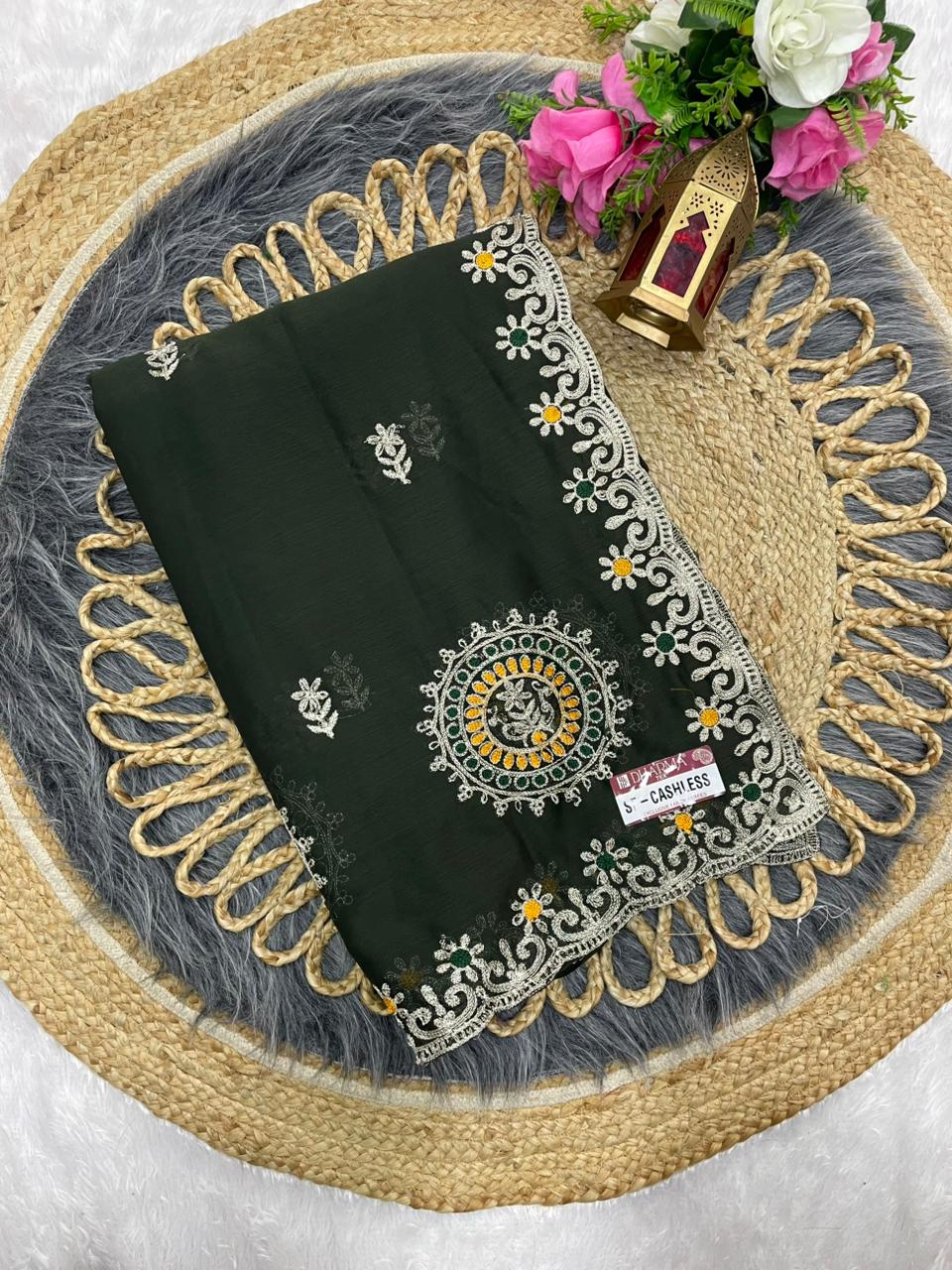 SF-CASHLESS Moss blooming saree embroidery and multi thread work saree with beautiful pannel design with work blouse