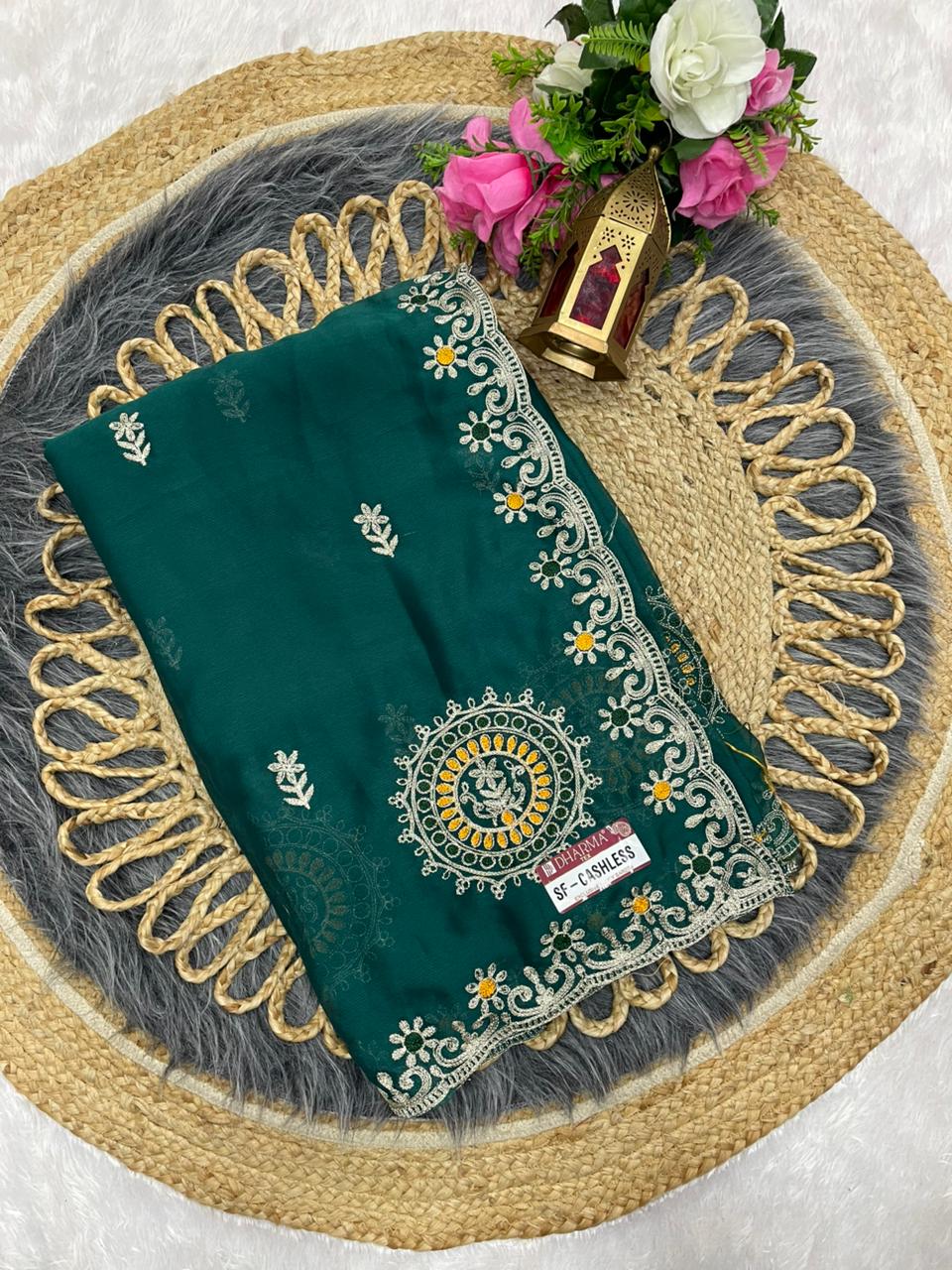 SF-CASHLESS Moss blooming saree embroidery and multi thread work saree with beautiful pannel design with work blouse