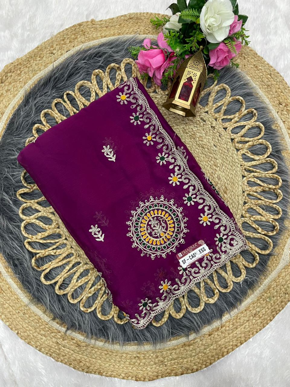 SF-CASHLESS Moss blooming saree embroidery and multi thread work saree with beautiful pannel design with work blouse