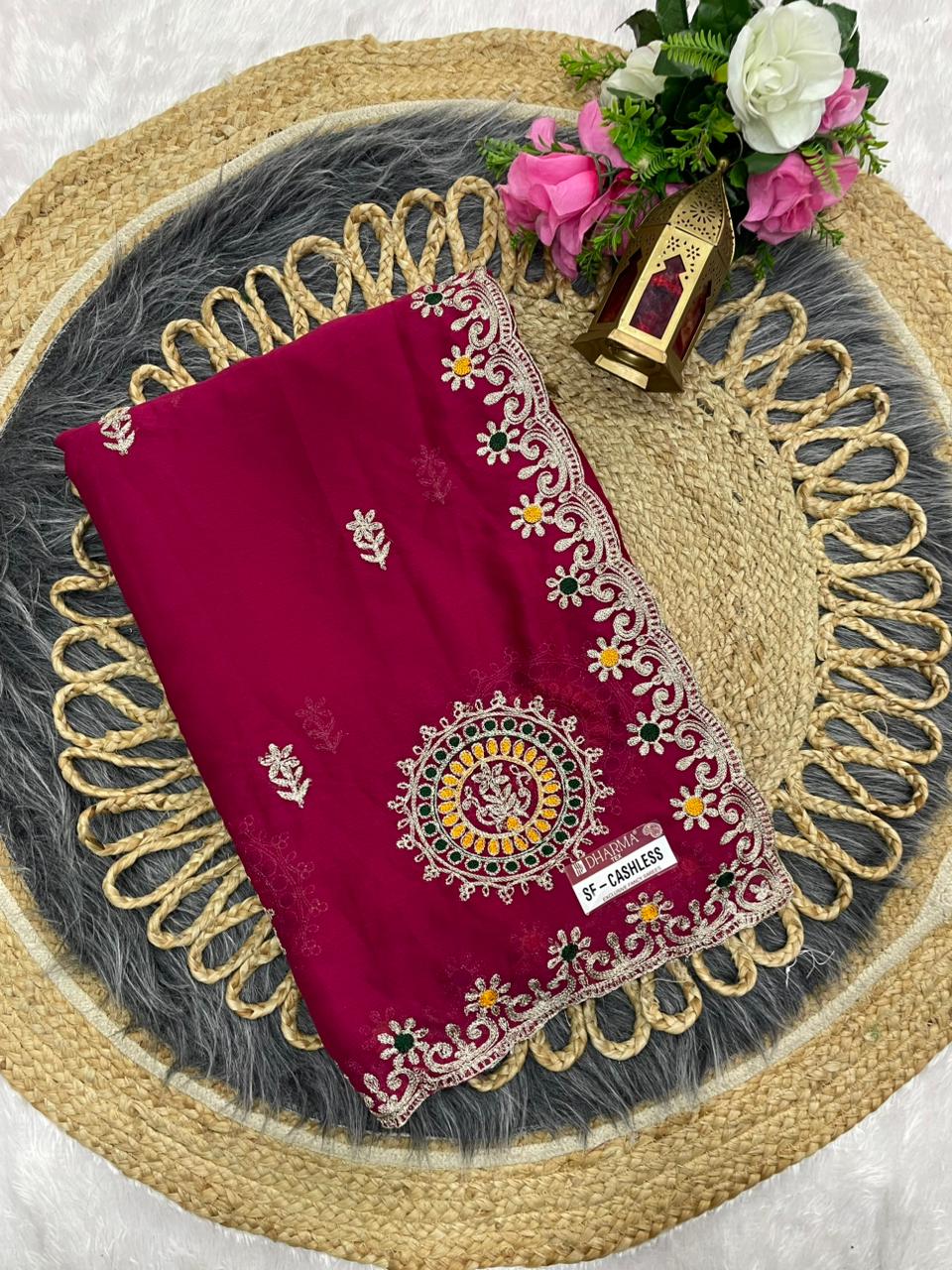 SF-CASHLESS Moss blooming saree embroidery and multi thread work saree with beautiful pannel design with work blouse