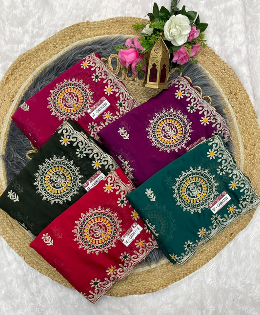 SF-CASHLESS Moss blooming saree embroidery and multi thread work saree with beautiful pannel design with work blouse