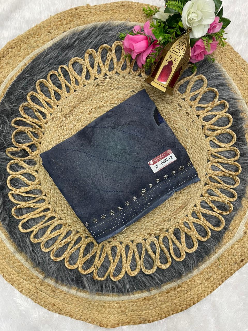 SF-PARI-2 PURE WEIGHTLESS SAREE WITH BEAUTIFUL FLORAL DESIGN WITH DMC SIROSKI BORDER WITH BLOUSE