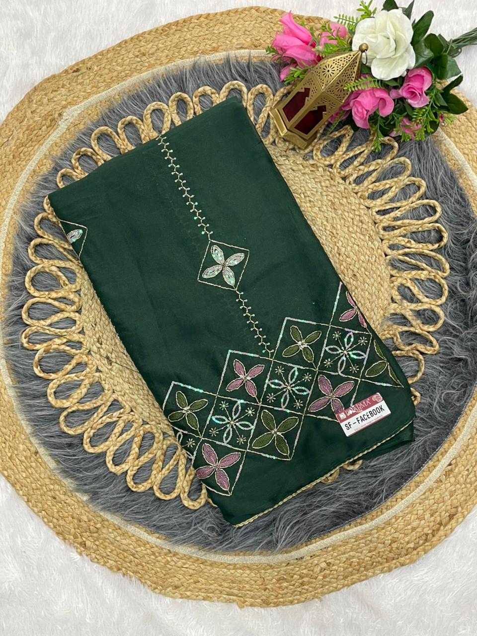 SF-FACEBOOK STAR GEORGETTE SAREE WITH BEAUTYFUL HANDWORK WITH SEQUENCE WORK WITH BEAUTIFUL BORDER WITH BEAUTIFUL PLAIN BLOUSE