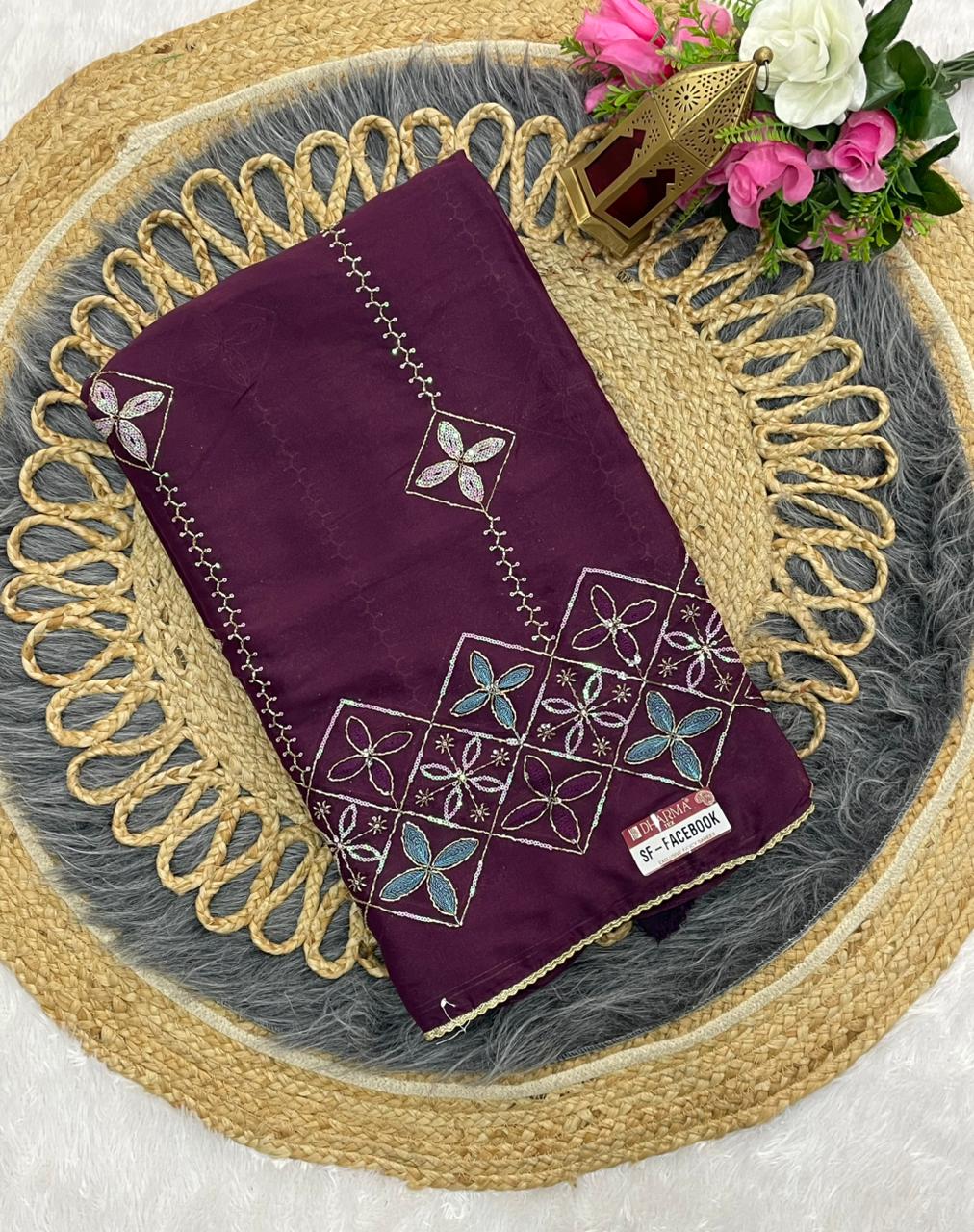 SF-FACEBOOK STAR GEORGETTE SAREE WITH BEAUTYFUL HANDWORK WITH SEQUENCE WORK WITH BEAUTIFUL BORDER WITH BEAUTIFUL PLAIN BLOUSE