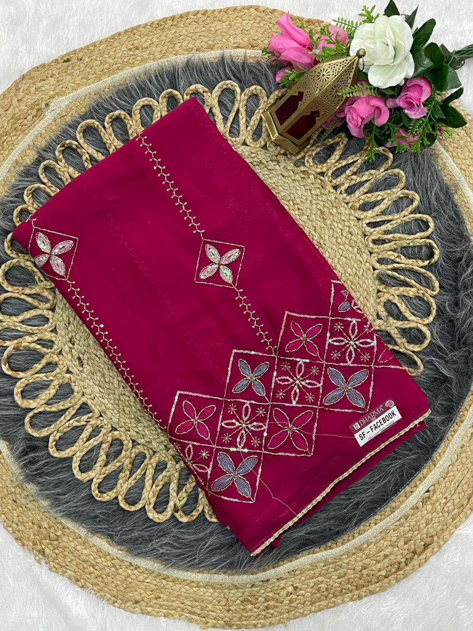SF-FACEBOOK STAR GEORGETTE SAREE WITH BEAUTYFUL HANDWORK WITH SEQUENCE WORK WITH BEAUTIFUL BORDER WITH BEAUTIFUL PLAIN BLOUSE