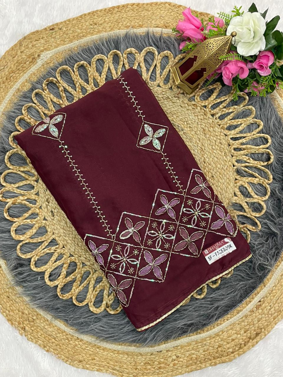 SF-FACEBOOK STAR GEORGETTE SAREE WITH BEAUTYFUL HANDWORK WITH SEQUENCE WORK WITH BEAUTIFUL BORDER WITH BEAUTIFUL PLAIN BLOUSE