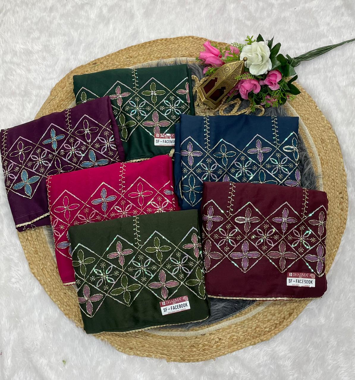 SF-FACEBOOK STAR GEORGETTE SAREE WITH BEAUTYFUL HANDWORK WITH SEQUENCE WORK WITH BEAUTIFUL BORDER WITH BEAUTIFUL PLAIN BLOUSE
