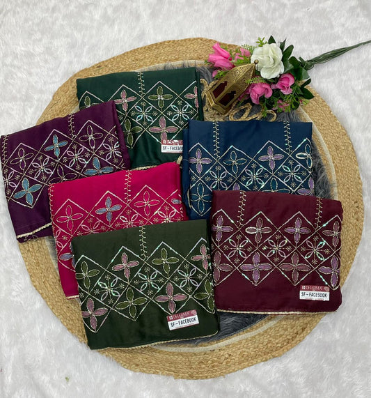 SF-FACEBOOK STAR GEORGETTE SAREE WITH BEAUTYFUL HANDWORK WITH SEQUENCE WORK WITH BEAUTIFUL BORDER WITH BEAUTIFUL PLAIN BLOUSE