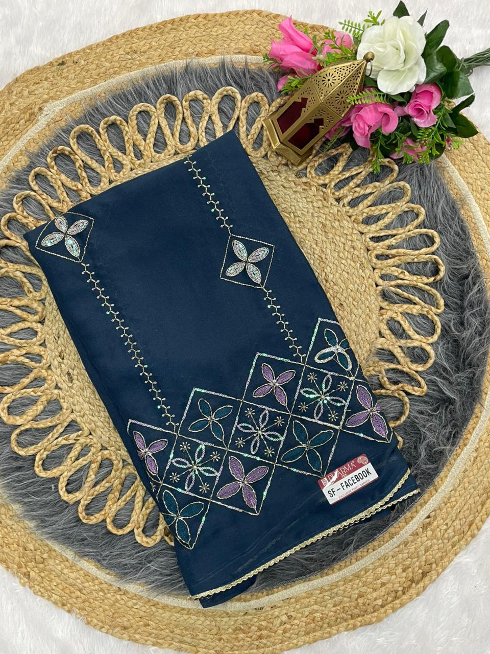 SF-FACEBOOK STAR GEORGETTE SAREE WITH BEAUTYFUL HANDWORK WITH SEQUENCE WORK WITH BEAUTIFUL BORDER WITH BEAUTIFUL PLAIN BLOUSE