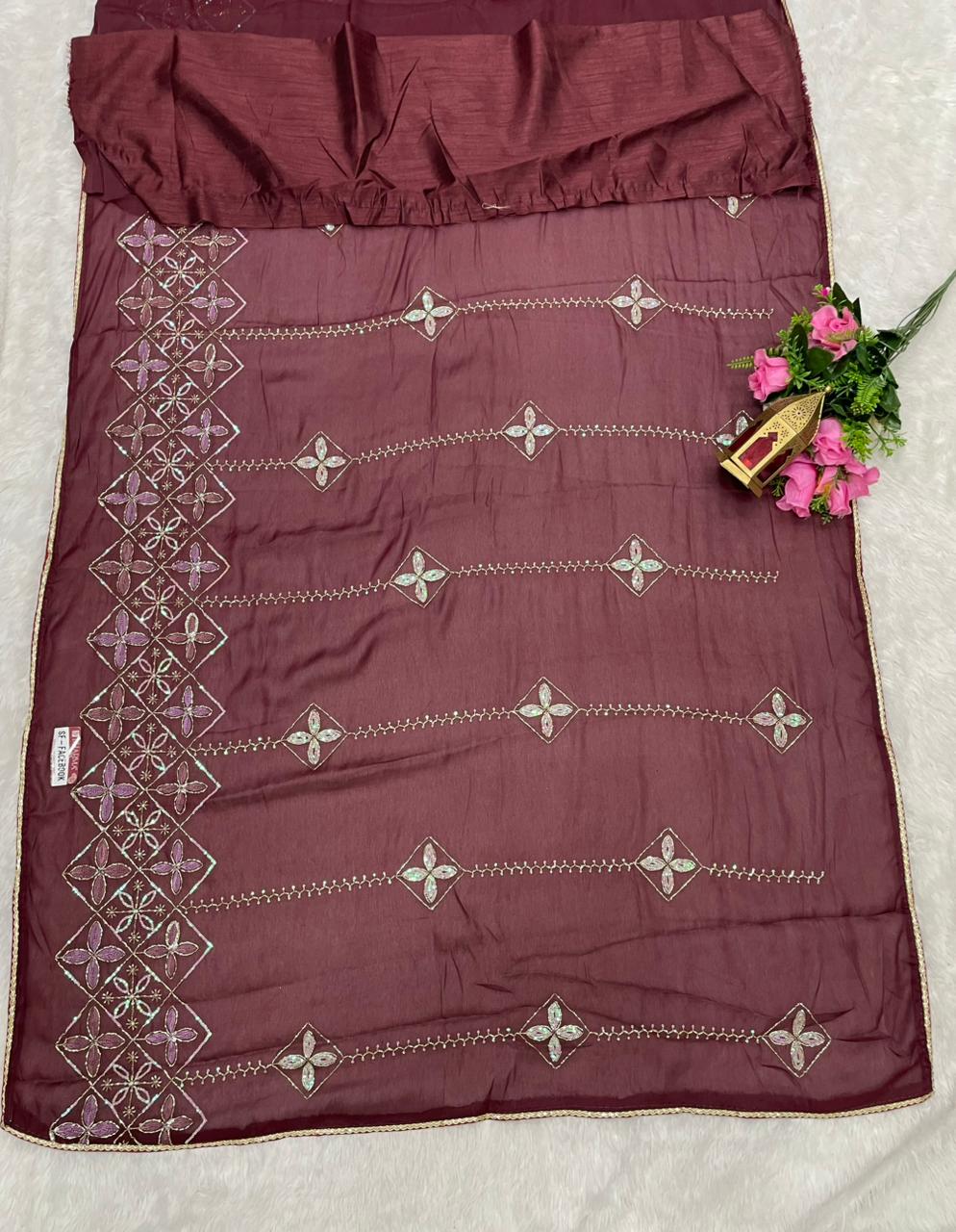 SF-FACEBOOK STAR GEORGETTE SAREE WITH BEAUTYFUL HANDWORK WITH SEQUENCE WORK WITH BEAUTIFUL BORDER WITH BEAUTIFUL PLAIN BLOUSE