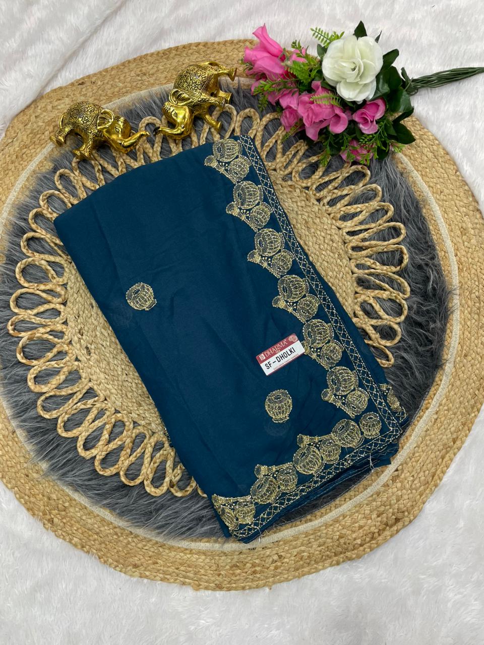 SF-DHOLKI STAR GEORGETTE SAREE WITH DAMRU DESIGN WITH EMBROIDERY WORK WITH HANDWORK ALLOVER WITH BEAUTIFUL MONO BLOUSE