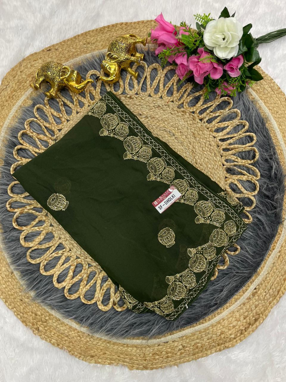 SF-DHOLKI STAR GEORGETTE SAREE WITH DAMRU DESIGN WITH EMBROIDERY WORK WITH HANDWORK ALLOVER WITH BEAUTIFUL MONO BLOUSE