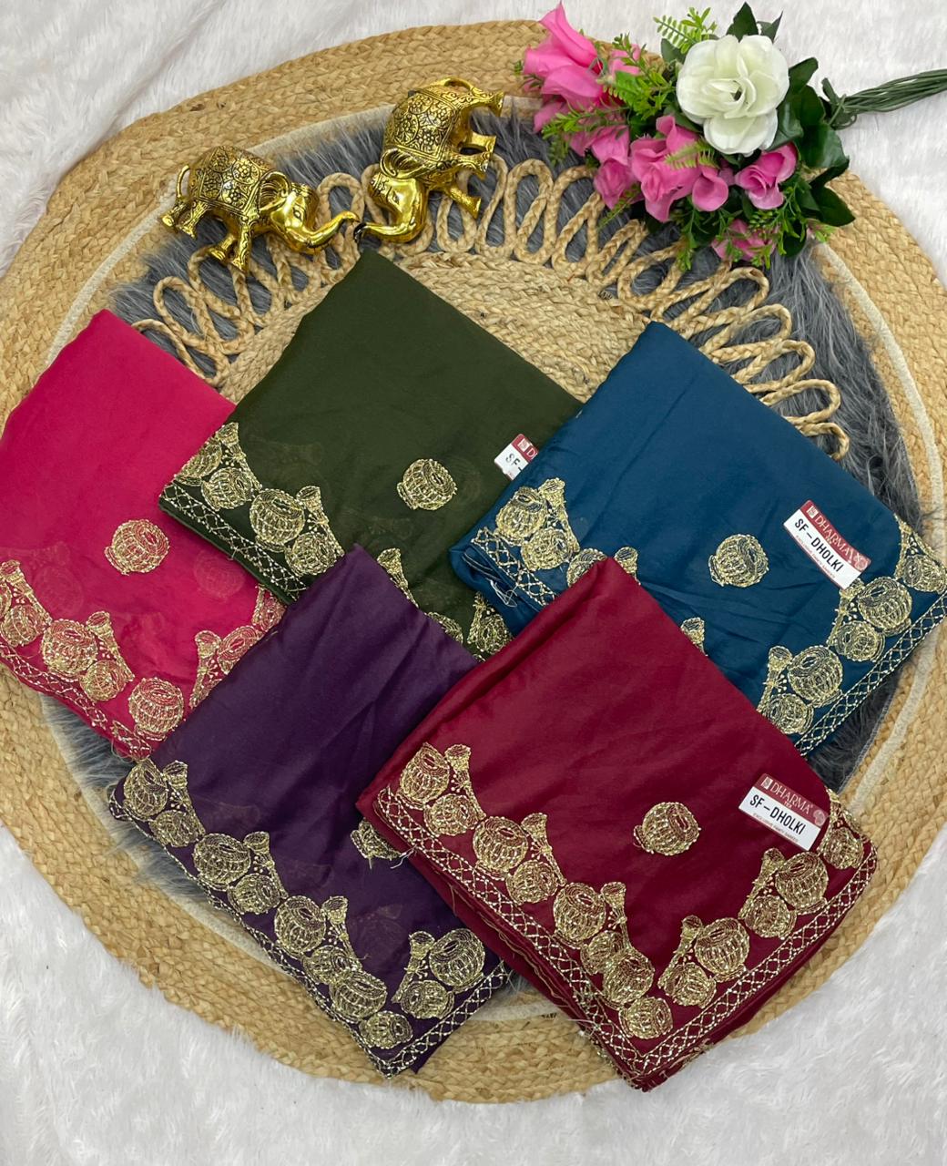 SF-DHOLKI STAR GEORGETTE SAREE WITH DAMRU DESIGN WITH EMBROIDERY WORK WITH HANDWORK ALLOVER WITH BEAUTIFUL MONO BLOUSE