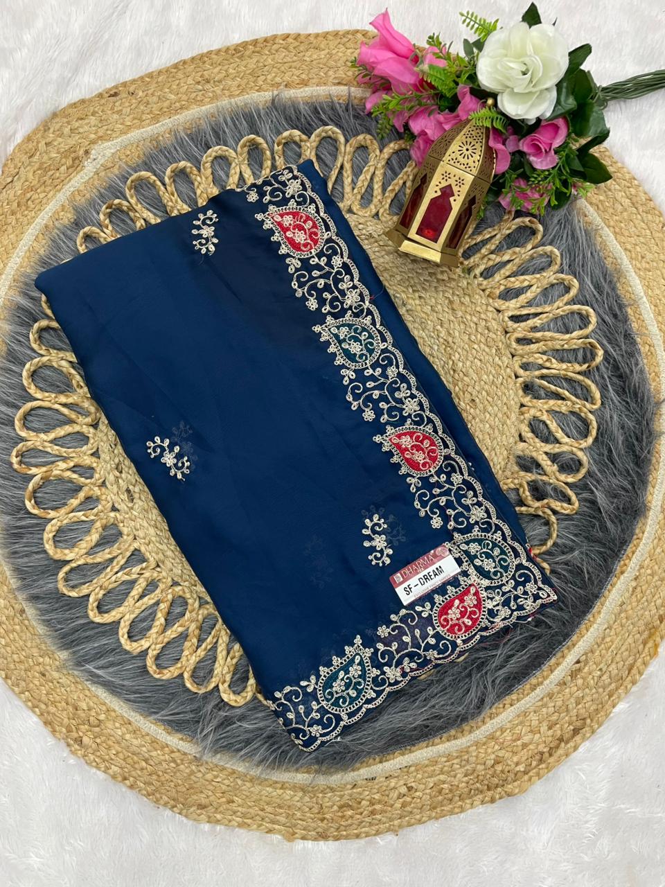 SF-DREAM MOSS CHIFFON BLOOMING SAREE WITH EMBROIDERY WORK WITH BEAUTIFUL THREAD WORK WITH BUTTA DESUGN WITH LOVELY PLAIN BLOUSE