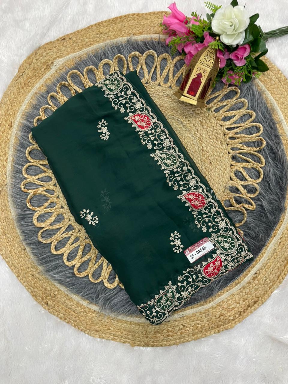SF-DREAM MOSS CHIFFON BLOOMING SAREE WITH EMBROIDERY WORK WITH BEAUTIFUL THREAD WORK WITH BUTTA DESUGN WITH LOVELY PLAIN BLOUSE