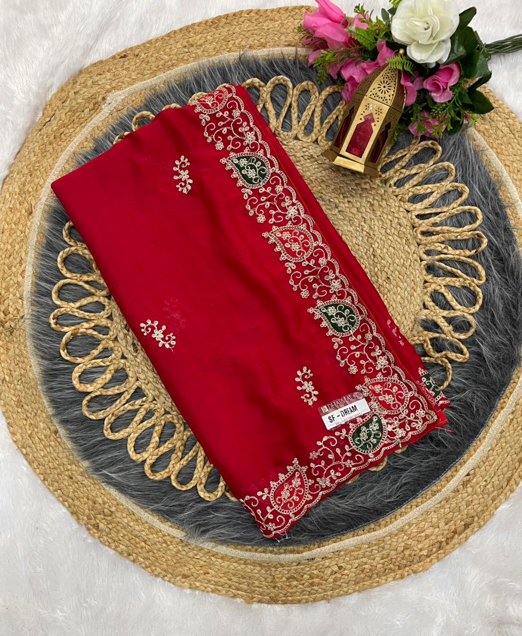 SF-DREAM MOSS CHIFFON BLOOMING SAREE WITH EMBROIDERY WORK WITH BEAUTIFUL THREAD WORK WITH BUTTA DESUGN WITH LOVELY PLAIN BLOUSE