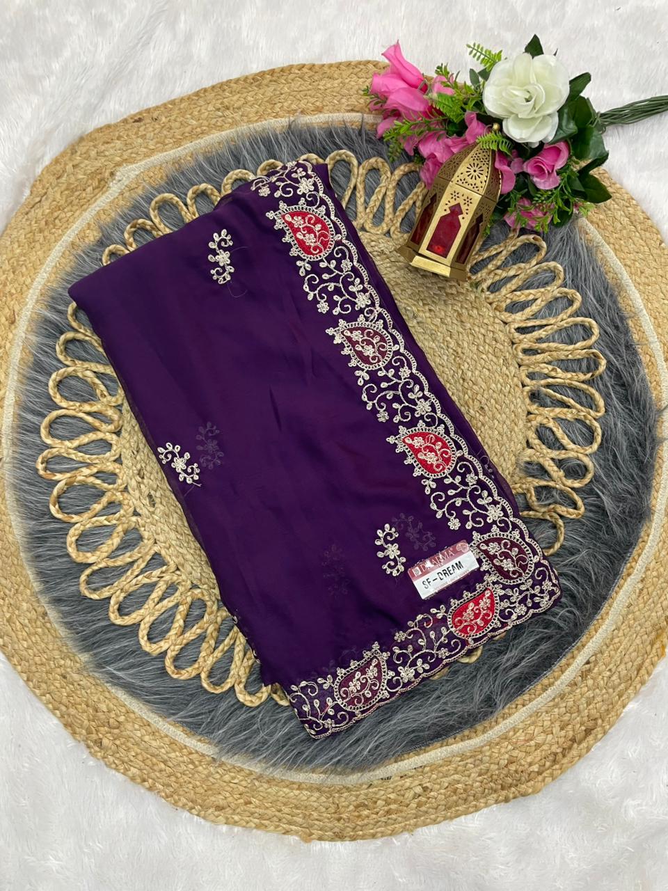 SF-DREAM MOSS CHIFFON BLOOMING SAREE WITH EMBROIDERY WORK WITH BEAUTIFUL THREAD WORK WITH BUTTA DESUGN WITH LOVELY PLAIN BLOUSE