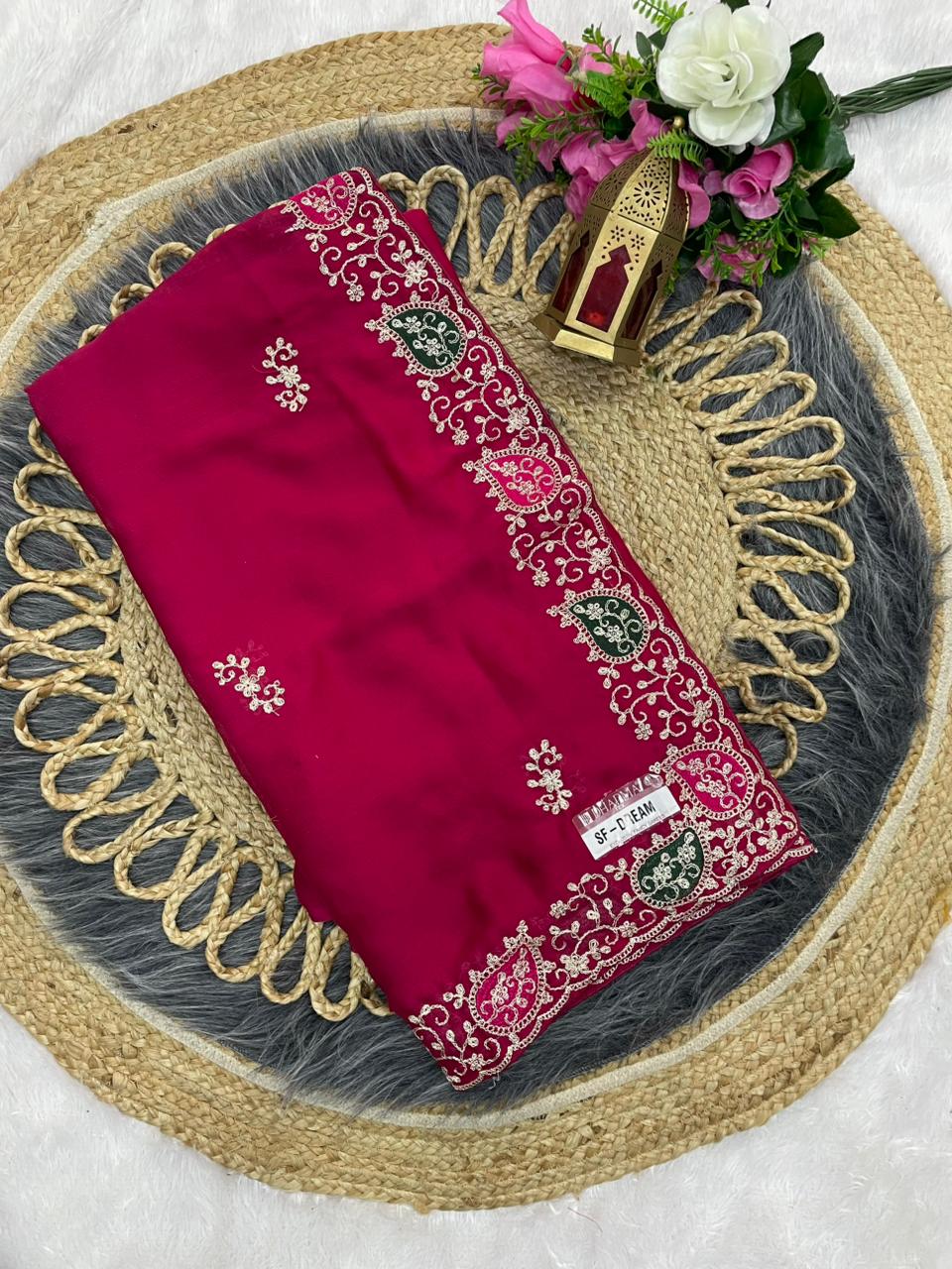 SF-DREAM MOSS CHIFFON BLOOMING SAREE WITH EMBROIDERY WORK WITH BEAUTIFUL THREAD WORK WITH BUTTA DESUGN WITH LOVELY PLAIN BLOUSE