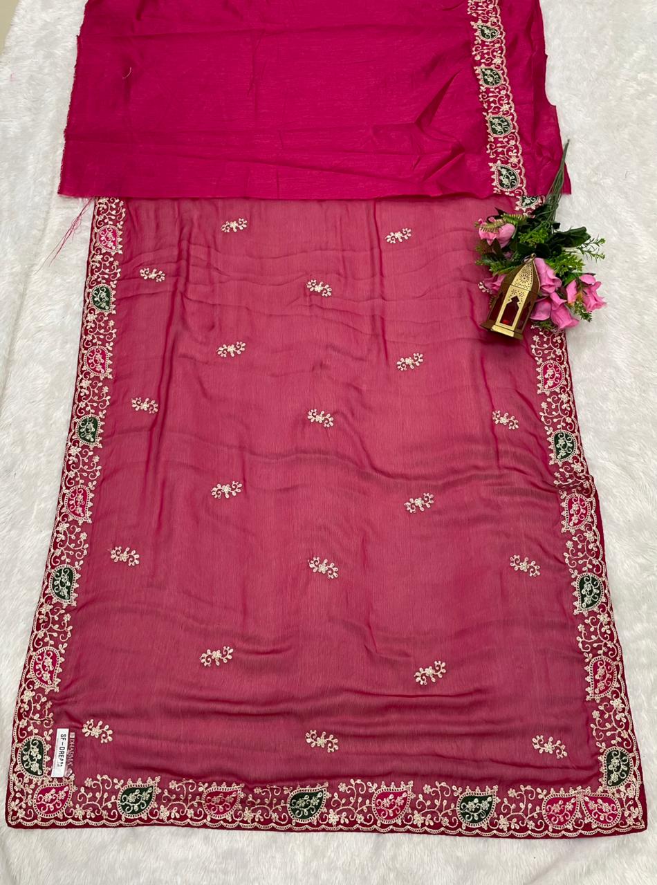 SF-DREAM MOSS CHIFFON BLOOMING SAREE WITH EMBROIDERY WORK WITH BEAUTIFUL THREAD WORK WITH BUTTA DESUGN WITH LOVELY PLAIN BLOUSE