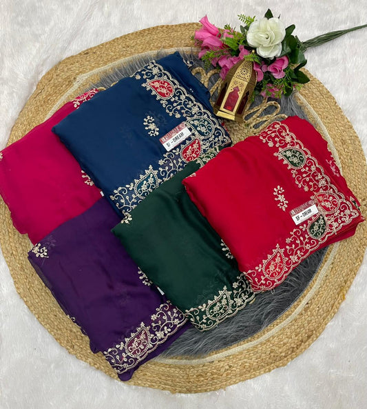 SF-DREAM MOSS CHIFFON BLOOMING SAREE WITH EMBROIDERY WORK WITH BEAUTIFUL THREAD WORK WITH BUTTA DESUGN WITH LOVELY PLAIN BLOUSE