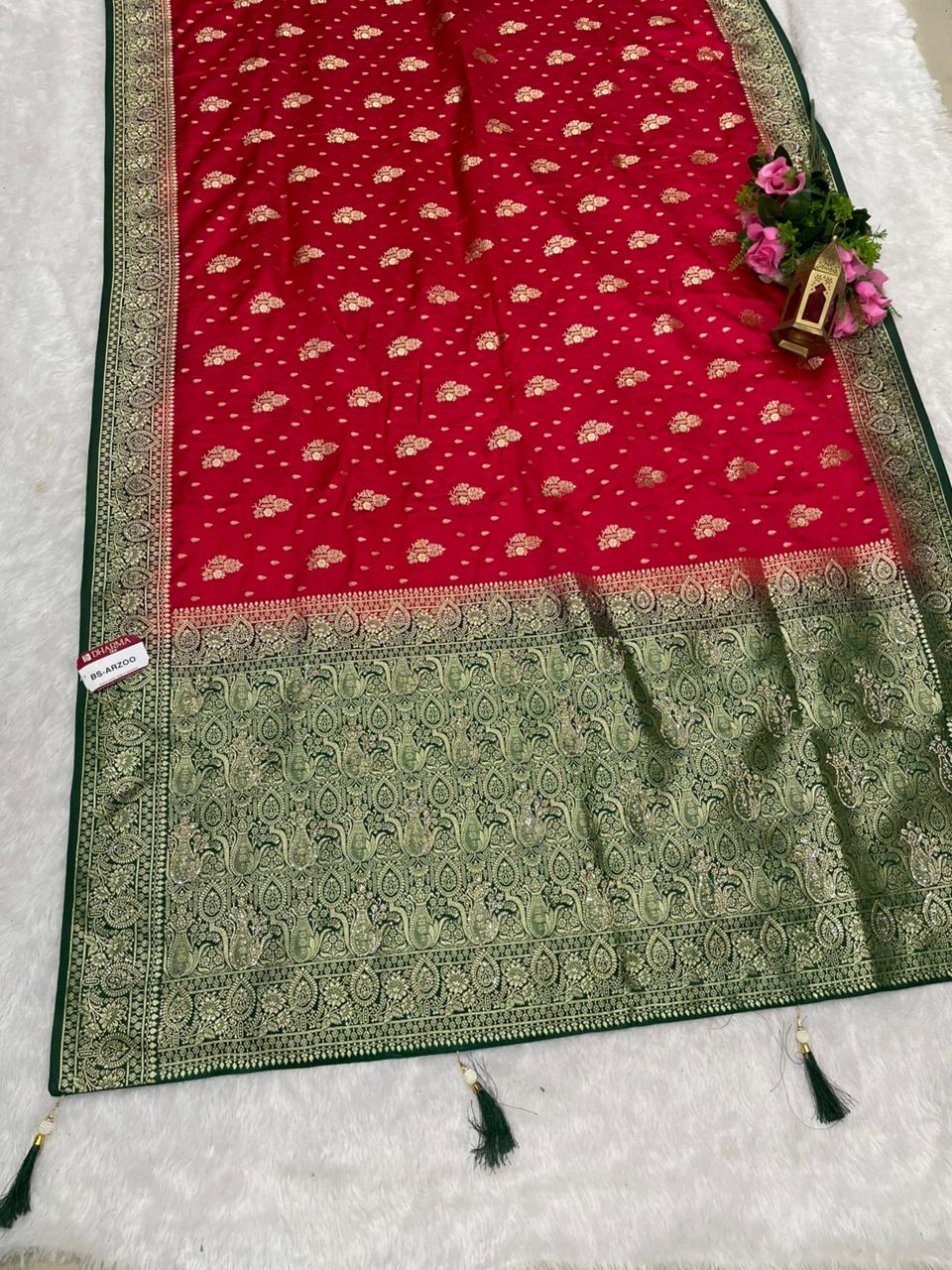 BS-ARZOO SATIN SILK SAREE WITH RICH PALLU DESIGN WITH CONTRAST PALLU AND BORDER WITH JARKAN WORK WITH BEAUTIFUL CONTRAST BLOUSE