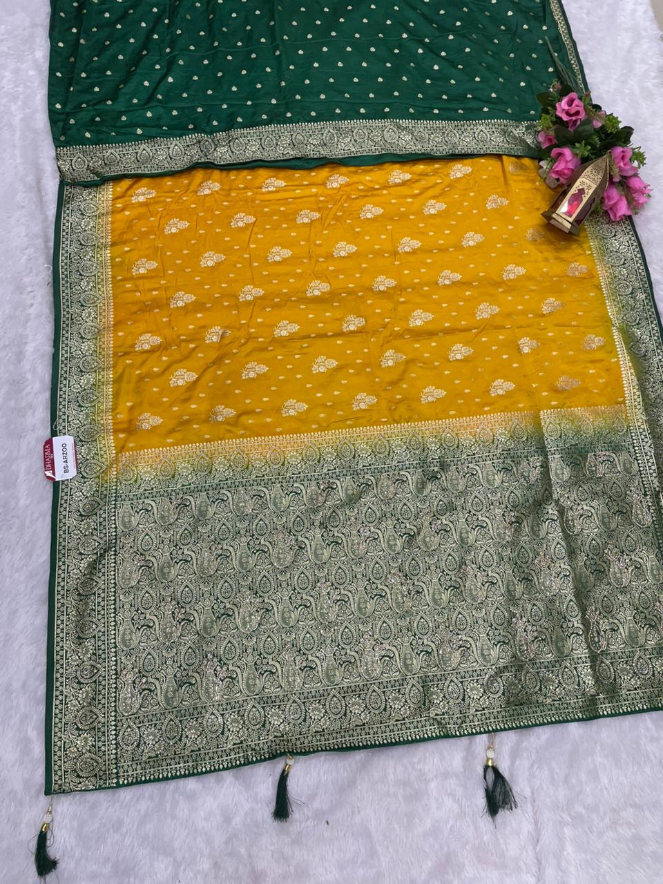 BS-ARZOO SATIN SILK SAREE WITH RICH PALLU DESIGN WITH CONTRAST PALLU AND BORDER WITH JARKAN WORK WITH BEAUTIFUL CONTRAST BLOUSE