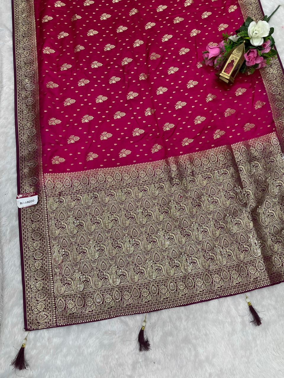 BS-ARZOO SATIN SILK SAREE WITH RICH PALLU DESIGN WITH CONTRAST PALLU AND BORDER WITH JARKAN WORK WITH BEAUTIFUL CONTRAST BLOUSE