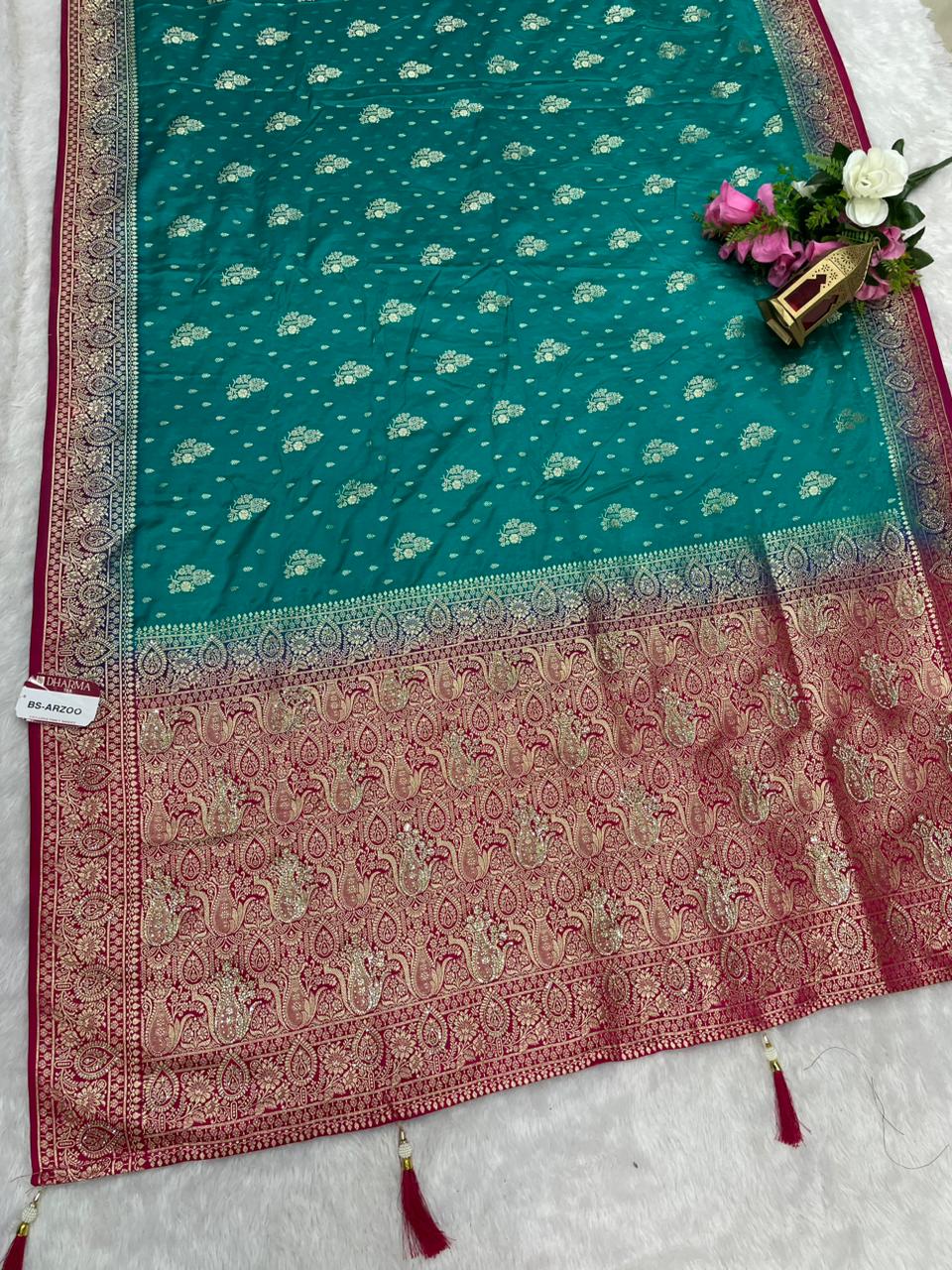 BS-ARZOO SATIN SILK SAREE WITH RICH PALLU DESIGN WITH CONTRAST PALLU AND BORDER WITH JARKAN WORK WITH BEAUTIFUL CONTRAST BLOUSE