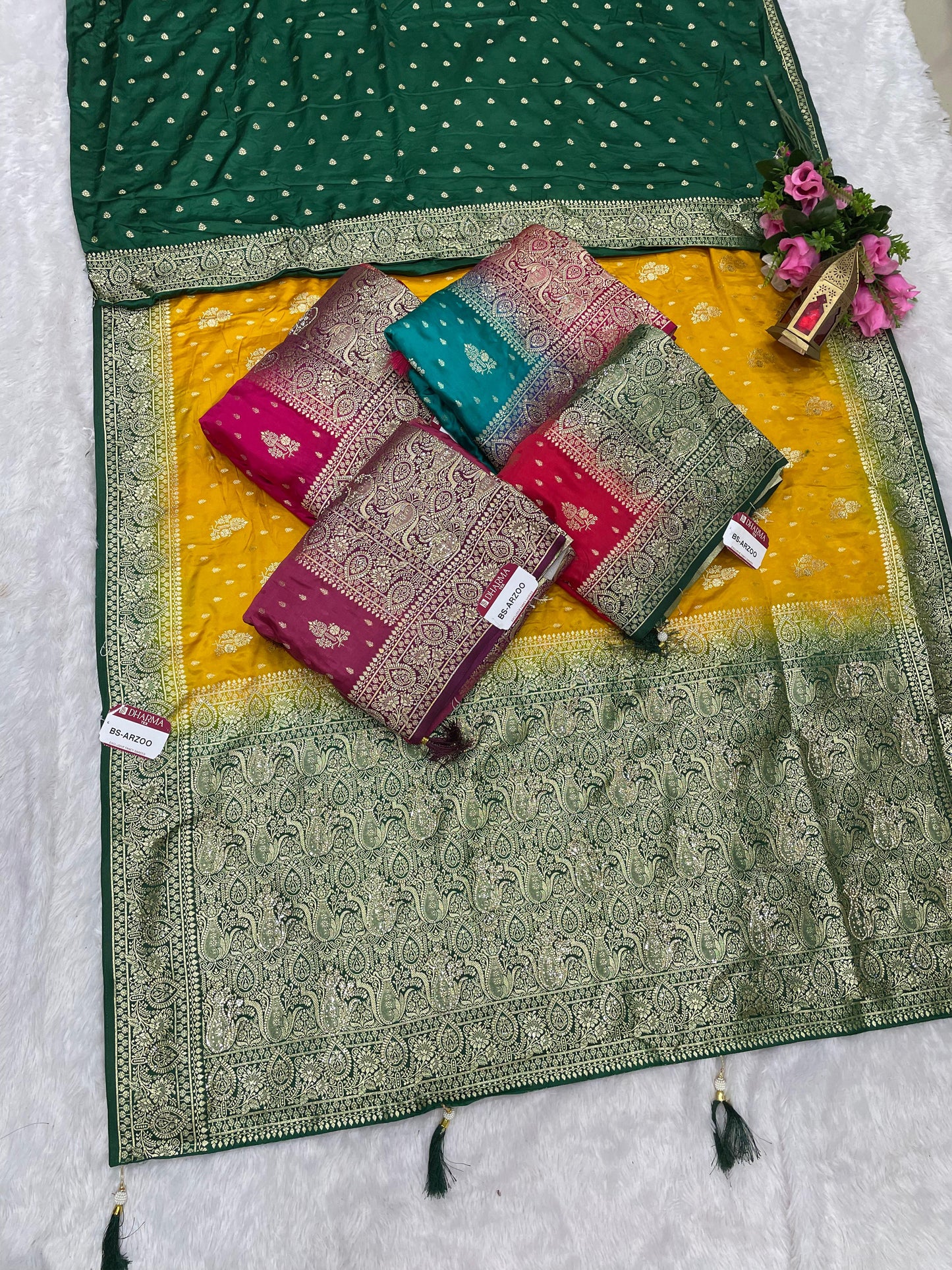 BS-ARZOO SATIN SILK SAREE WITH RICH PALLU DESIGN WITH CONTRAST PALLU AND BORDER WITH JARKAN WORK WITH BEAUTIFUL CONTRAST BLOUSE