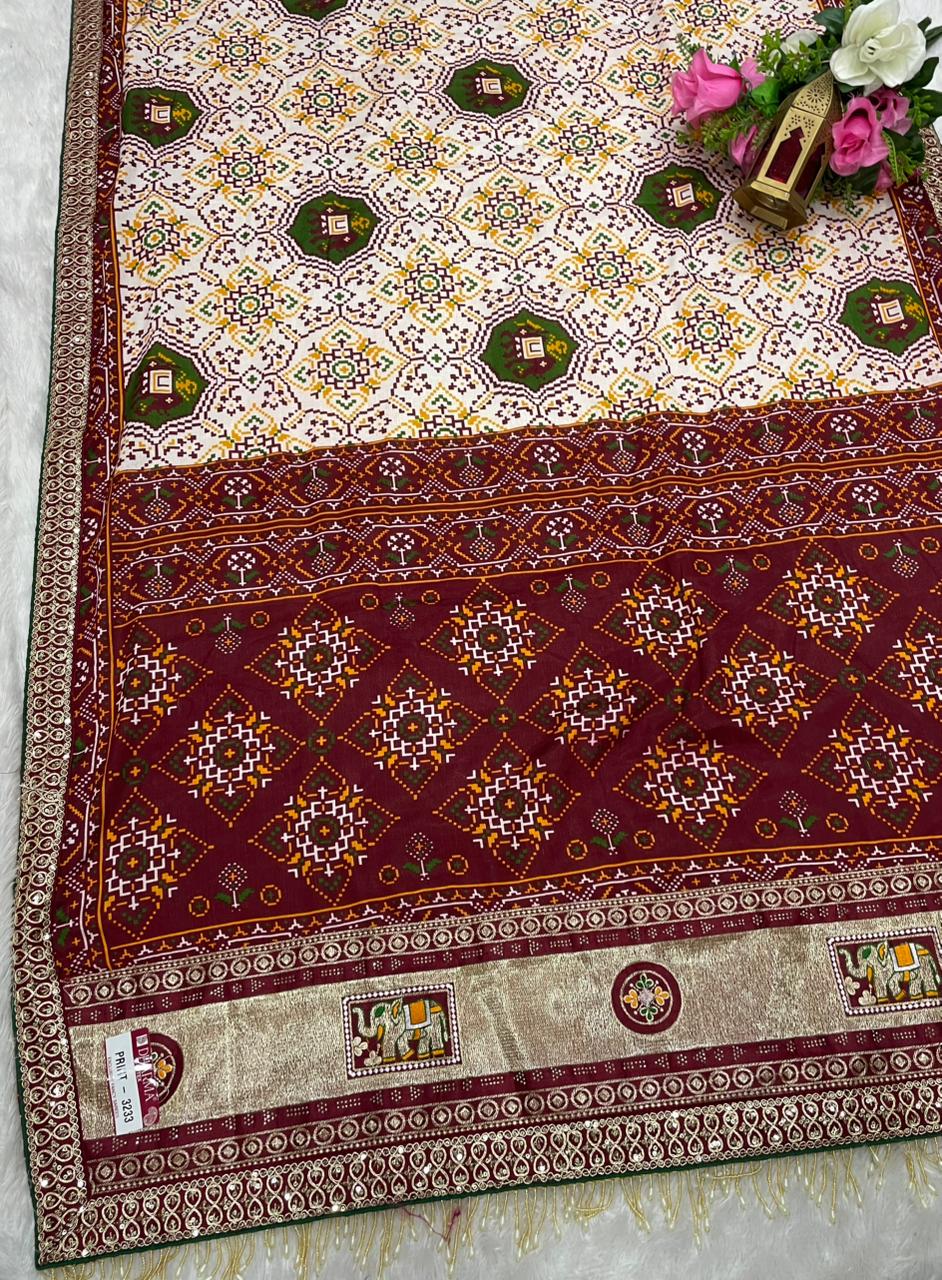 PRINT- 3233 MOST VIRAL SAREE ON INSTAGRAM , MAL COTTON SAREE WITH BEAUTIFUL PATOLA PRINT WITH HEAVY EMBROIDERY PALLU PANEL WITH HEAVY SEQUENCE EMBROIDERY BORDER WITH TRENDING TASSELS