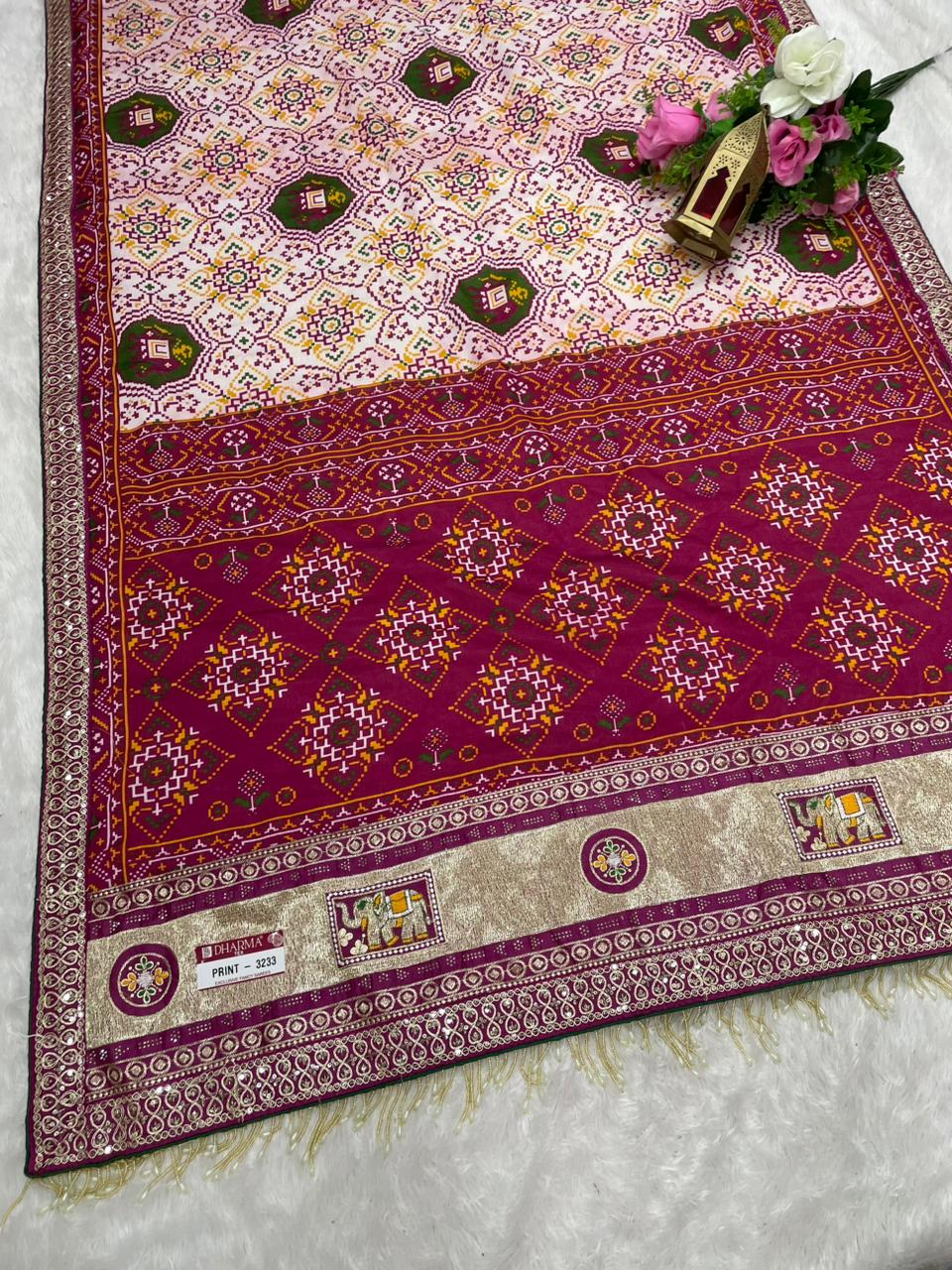 PRINT- 3233 MOST VIRAL SAREE ON INSTAGRAM , MAL COTTON SAREE WITH BEAUTIFUL PATOLA PRINT WITH HEAVY EMBROIDERY PALLU PANEL WITH HEAVY SEQUENCE EMBROIDERY BORDER WITH TRENDING TASSELS